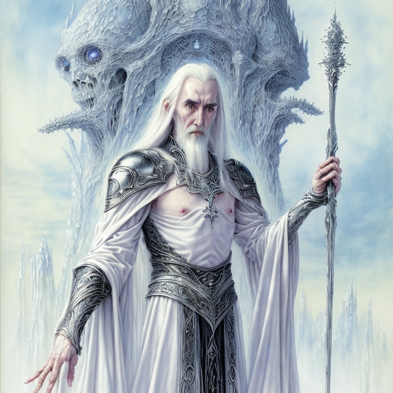 Prompt: Saruman the White in an illustration by Yoshitaka Amano, Daniel Merriam, fantasy art, yukito kishiro, a detailed painting, The Art of Yoshitaka Amano