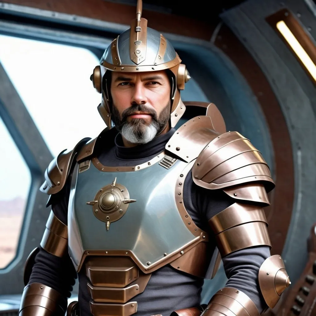 Prompt: Photo realistic futuristic armored warrior, polished but used, bronze-like metal,  open faced helm, friendly, mid-thirties man, short brown/gray beard, high tech shield, dieselpunk setting, interior starship background, checking armor weapons systems.