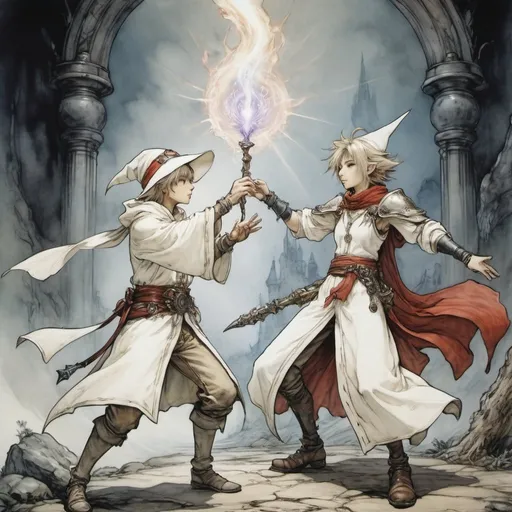 Prompt: A white mage from Final Fantasy casting a healing spell on a companion during battle and drawn in the style of Arthur Rackham