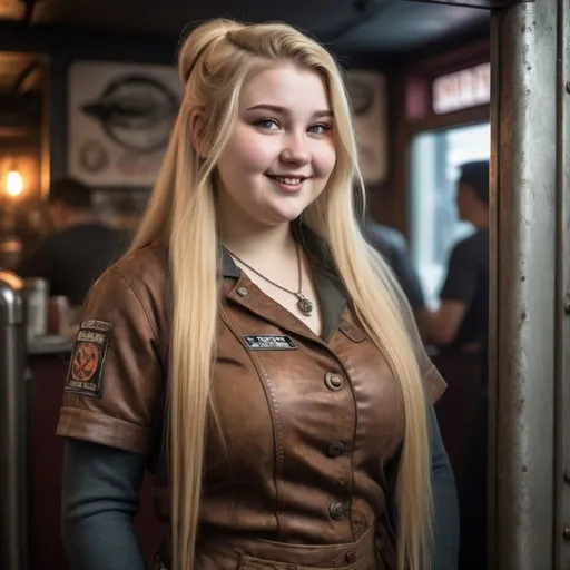 Prompt: A young, slightly chubby woman with very long dyed blond hair, sharp eyes, and the hint of a wry grin nods in greeting just inside the entrance of a spaceport eatery in a gritty, dieselpunk setting. 