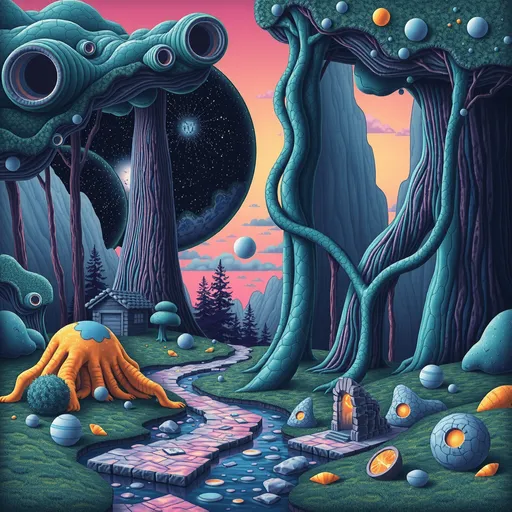 Prompt: Surreal Psychedelic Decalcomania, fantasy landscape