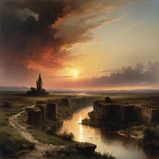 Prompt: a dark painting of a sunset with a tower in the distance and a river running through with a few clouds, featureless wasteland, thomas moran, river, landscape, a painting