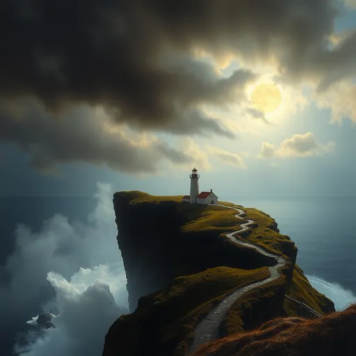 Prompt: William-Adolphe Bouguereau style, oil painting, oil painting, A lonely lighthouse on a windswept cliff, surrounded by the remains of a forgotten fishing village and a mysterious cave system beneath the cliffs, dramatic clouds, dark clouds, (misty:1.5), fog rolling in, creepy atmosphere, dramatic light, (darkness:2.5) 34K uhd, masterpiece, high detail, 8k, intricate, detailed, high resolution, high res, high quality, , highly detailed, Extremely high-resolution details, fine texture,i¼