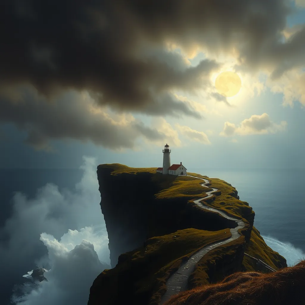 Prompt: William-Adolphe Bouguereau style, oil painting, oil painting, A lonely lighthouse on a windswept cliff, surrounded by the remains of a forgotten fishing village and a mysterious cave system beneath the cliffs, dramatic clouds, dark clouds, (misty:1.5), fog rolling in, creepy atmosphere, dramatic light, (darkness:2.5) 34K uhd, masterpiece, high detail, 8k, intricate, detailed, high resolution, high res, high quality, , highly detailed, Extremely high-resolution details, fine texture,i¼