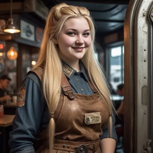 Prompt: A young, slightly chubby woman with very long dyed blond hair, sharp eyes, and the hint of a wry grin nods in greeting just inside the entrance of a spaceport eatery in a gritty, dieselpunk setting. 