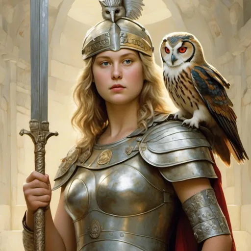 Prompt: The goddess Athena as a D&D patron deity and appearing as a beautiful woman wearing a war helm and
carrying a spear and shield and with an owl on her shoulder. <mymodel>
