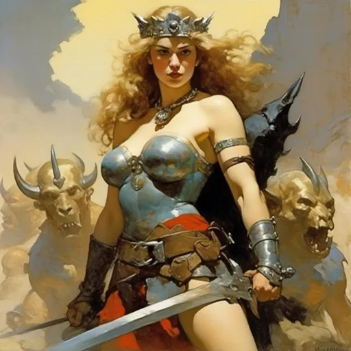 Prompt: proud warrior queen chained bound and held captive illustrated by Frank Frazetta <mymodel>
