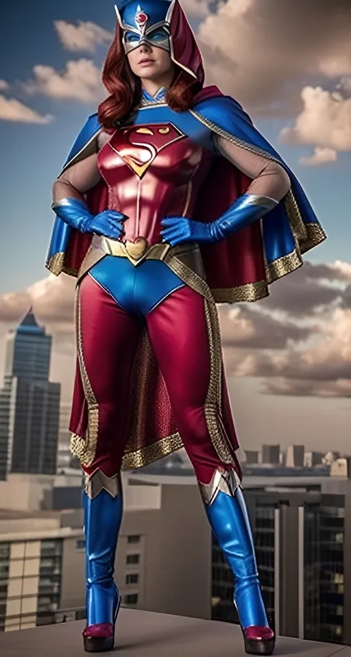 Prompt: Masked Superwoman (Kristin Wells) with her red hair spilling out over her shoulders and blue head covering and blue mantle as a single piece and a red and blue uniform with and with the Superman "S" logo and with Metropolis in the background, realistic, photo, film, cinematic 