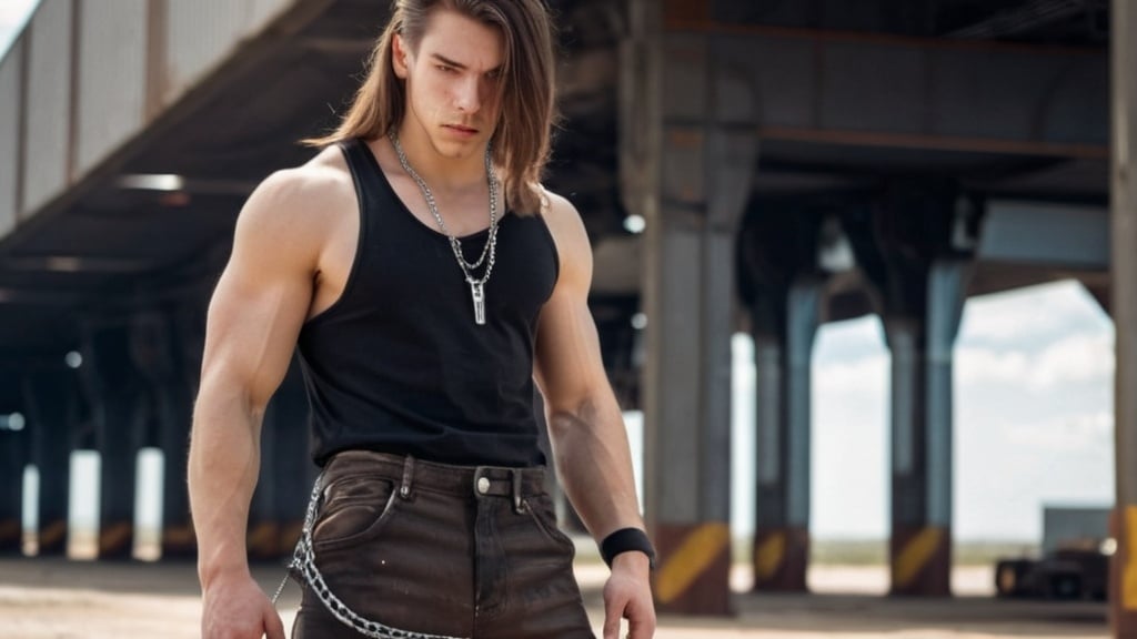 Prompt: Photo, young man with long brown hair, look of intense concentration, black tank top, work boots, practical gray pants, pocket chain, outside a spaceport in a gritty, dieselpunk setting, active scene. 