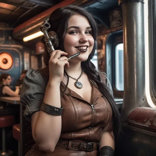 Prompt: A slightly chubby young woman with long dark hair, languid eyelids, and a wide, mysterious smile occupies a booth in a spaceport eatery in a gritty, dieselpunk setting. She holds a long electronic pipe in one hand and the style of her outfit is a fashionable faux grunge.