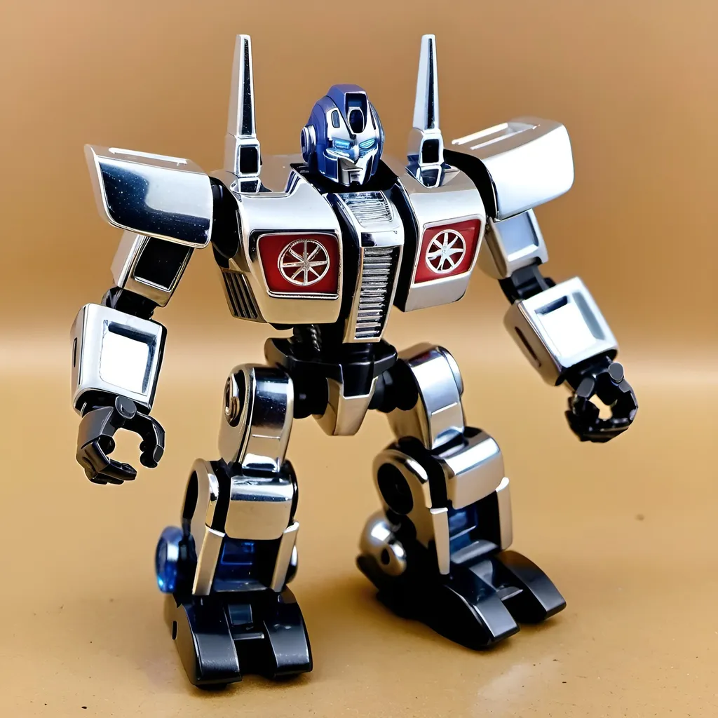 Prompt: (photo:3) (vintage:3) (transforming:3) (robot) (toy:3) (vehicle parts) (chrome) (die-cast) (paint chipping) (patina) (kibble) in the style of Transformers or Go-Bots Takara Diaclone 1980's