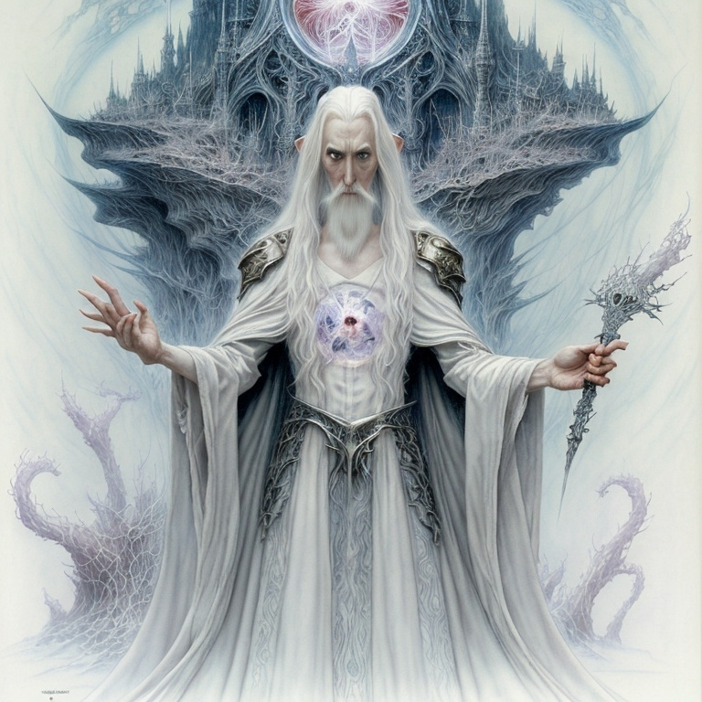 Prompt: Saruman the White in an illustration by Yoshitaka Amano, Daniel Merriam, fantasy art, yukito kishiro, a detailed painting, The Art of Yoshitaka Amano