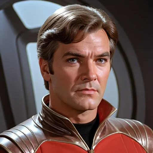 Prompt: A retro-futuristic sci-fi hero in the tradition of Flash Gordon with graying brown hair looks ahead thoughtfully.
