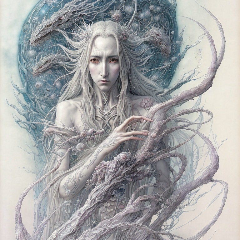 Prompt: Saruman the White in an illustration by Yoshitaka Amano, Daniel Merriam, fantasy art, yukito kishiro, a detailed painting, The Art of Yoshitaka Amano