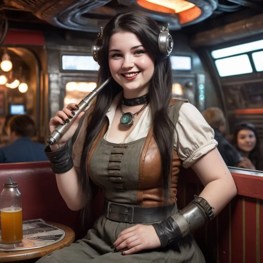 Prompt: A slightly chubby young woman with long dark hair, languid eyelids, and a wide, mysterious smile occupies a booth in a spaceport eatery in a gritty, dieselpunk setting. She holds a long electronic pipe in one hand and the style of her outfit is a fashionable faux grunge.