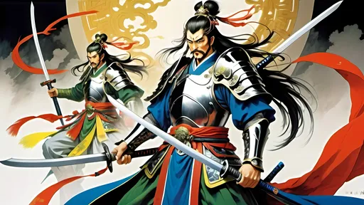 Prompt: Art by Yoshitaka Amano; Liu Bei, twin swords, Three Kingdoms, Dynasty Warriors, wispy lines and vibrant use of color. 