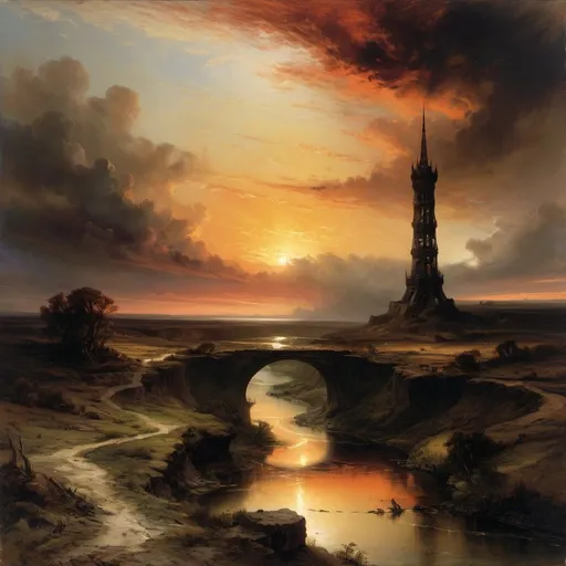 Prompt:  nightmarish and hallucinatory, a dark painting of a sunset with a tower in the distance and a river running through with a few clouds, featureless wasteland, thomas moran, river, landscape, a painting