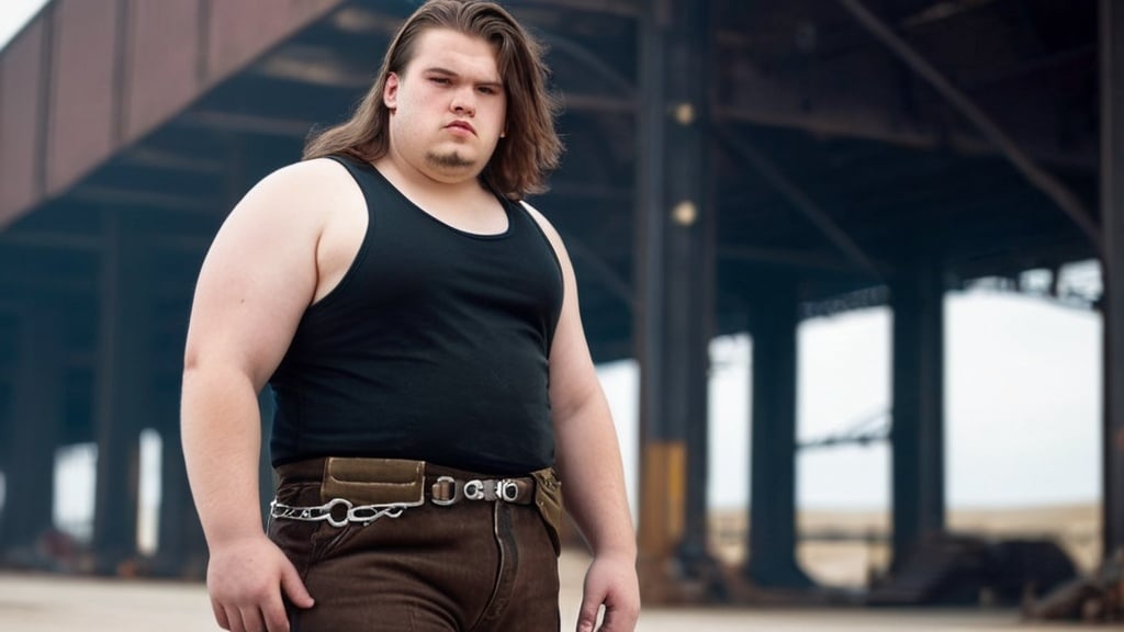 Prompt: A heavyset, slightly overweight young man with long brown hair, and a look of intense concentration outside a spaceport in a gritty, dieselpunk setting. Black tank top, work boots, practical slacks, pocket chain.