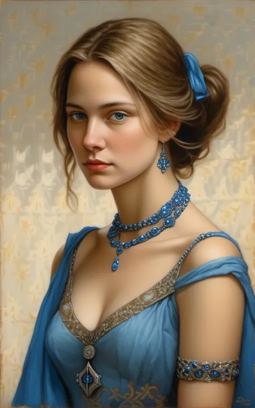 Prompt: a painting of a woman with a blue dress and a necklace on her neck and shoulder, with a blue dress on her shoulders, Anne Stokes, figurative art, highly detailed oil painting, a detailed painting <mymodel>