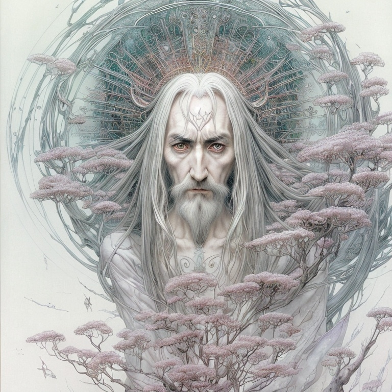 Prompt: Saruman the White in an illustration by Yoshitaka Amano, Daniel Merriam, fantasy art, yukito kishiro, a detailed painting, The Art of Yoshitaka Amano