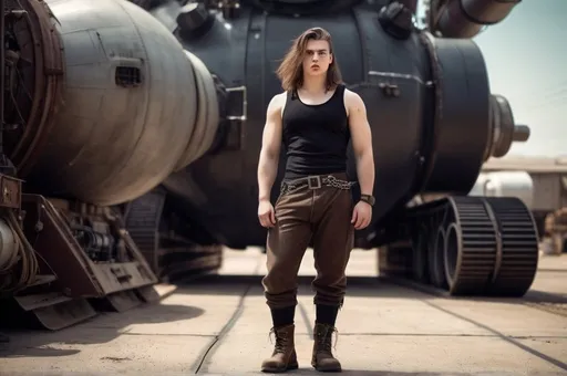 Prompt: A heavyset, slightly overweight young man with long brown hair, and a look of intense concentration outside a spaceport in a gritty, dieselpunk setting. Black tank top, work boots, practical slacks, pocket chain.