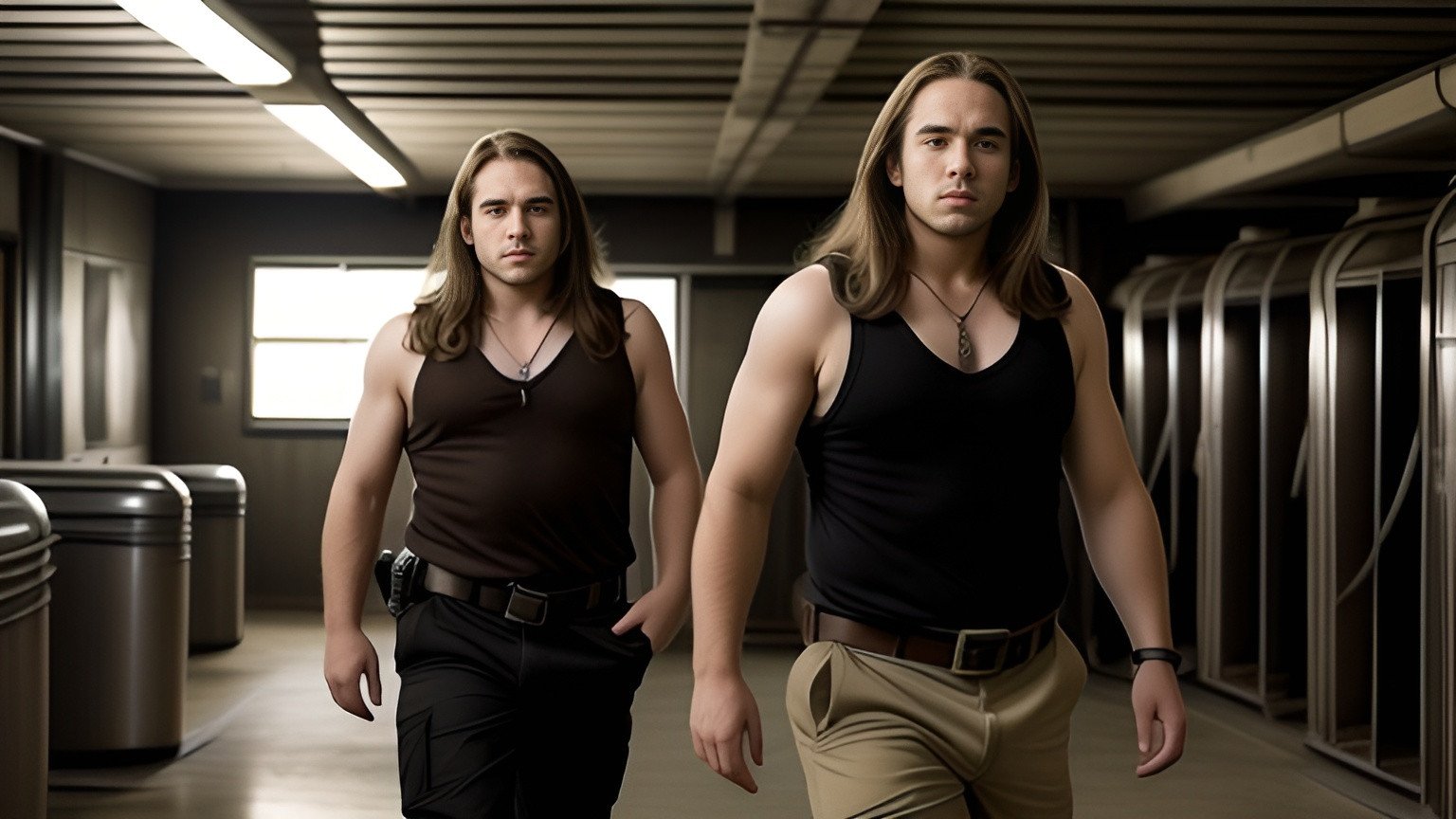 Prompt: a young man with long hair and a black tank top on and a brown belt around his waist and work pants and work boots,  a character portrait, belly fat, photo, film