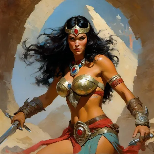 Prompt: <mymodel> A painting of Dejah Thoris, Princess of Mars, illustrated by Frank Frazetta
