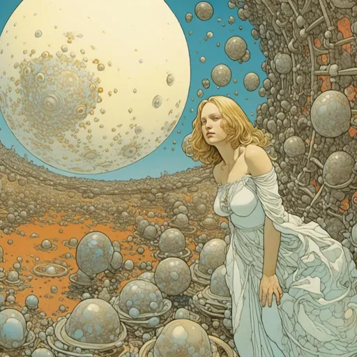 Prompt: A woman in a surreal fantasy scene illustrated by "Moebius" Jean Giraud <mymodel>