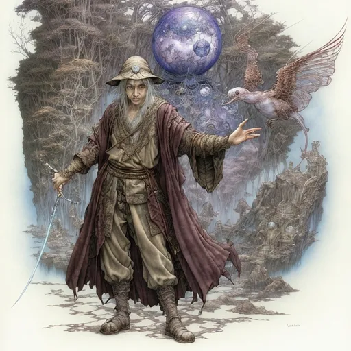 Prompt: Radagast the Brown in an illustration by Yoshitaka Amano, Daniel Merriam, fantasy art, yukito kishiro, a detailed painting, The Art of Yoshitaka Amano