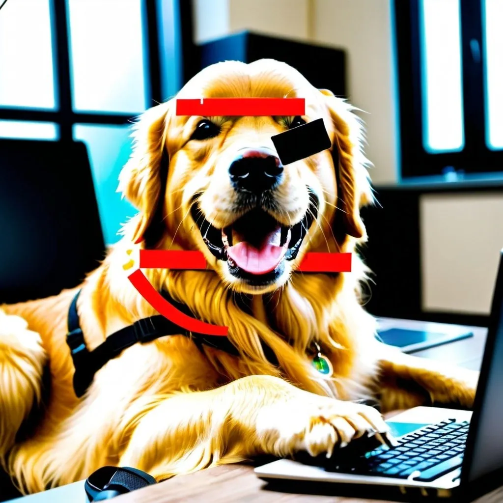 Prompt: a golden retriever is computer coding in a happy mood