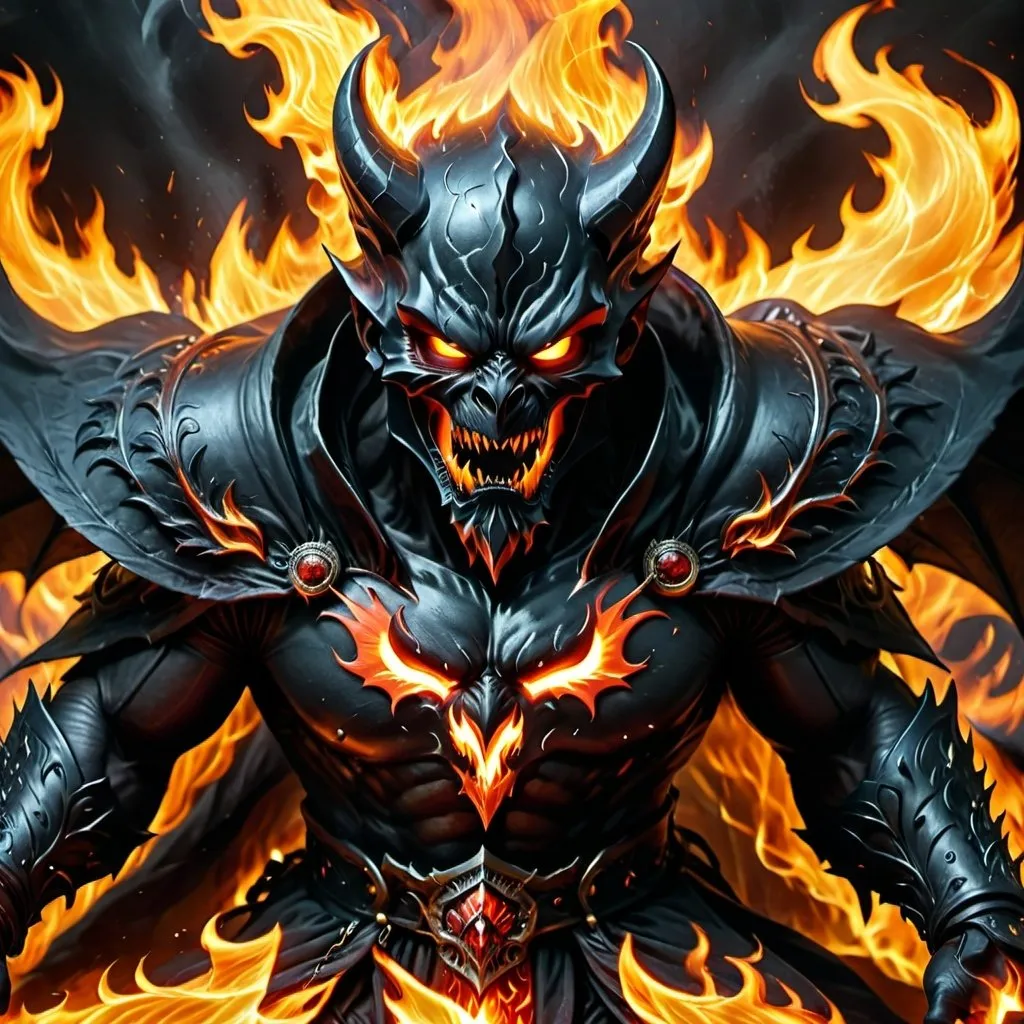 Prompt: Lord of Darkness engulfed in roaring flames, HD, intimidating evil, fiery backdrop, intense gaze, menacing presence, sinister aura, shadowy figure, high quality, detailed flames, dark and foreboding, commanding presence