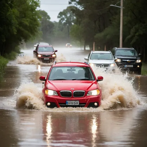 Prompt: Glamour photography of cars driving through floods.