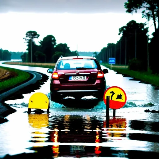 Prompt: Car driving through flooded road and some stucked.