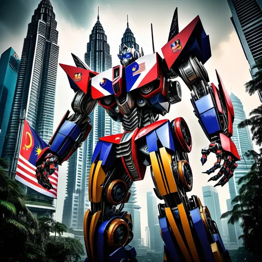 Prompt: transformer design  with malaysia flag, futuristic design, vibrant colors, intricate mechanics, a blend of natural and urban elements, iconic landmarks like the Petronas Towers incorporated, dynamic composition, high contrast lighting, rich textures, cinematic atmosphere, ultra-detailed, showcasing Malaysian culture within a robot form.