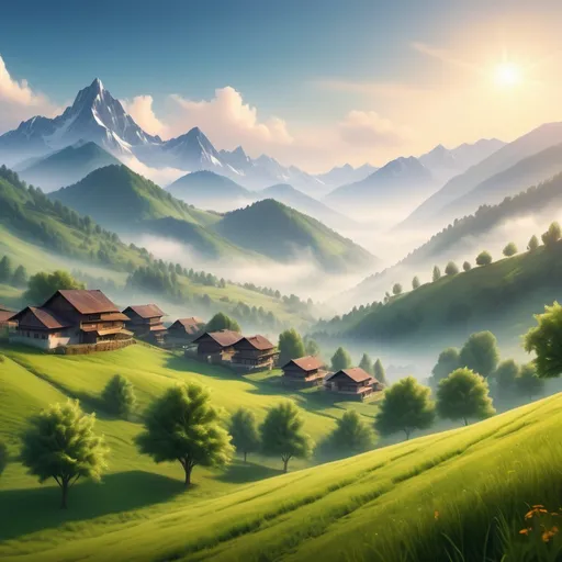 Prompt: (a breathtaking mountain view), morning light illuminating peaks, lush green meadows in a village area, vibrant foliage, soft mist hovering over valleys, serene atmosphere, tranquil landscape, gentle sunlight casting warm hues, HD ultra-detailed imagery, breathtaking horizon, nature's tranquility, peaceful ambiance, inviting scenery, delightful calmness, crisp morning air.