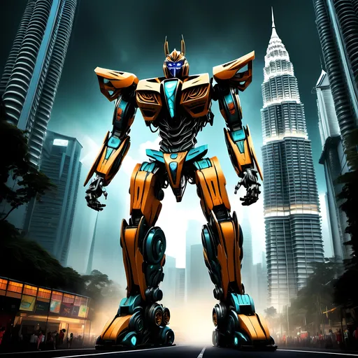 Prompt: Malaysia transformer design, futuristic design, vibrant colors, intricate mechanics, a blend of natural and urban elements, iconic landmarks like the Petronas Towers incorporated, dynamic composition, high contrast lighting, rich textures, cinematic atmosphere, ultra-detailed, showcasing Malaysian culture within a robot form.