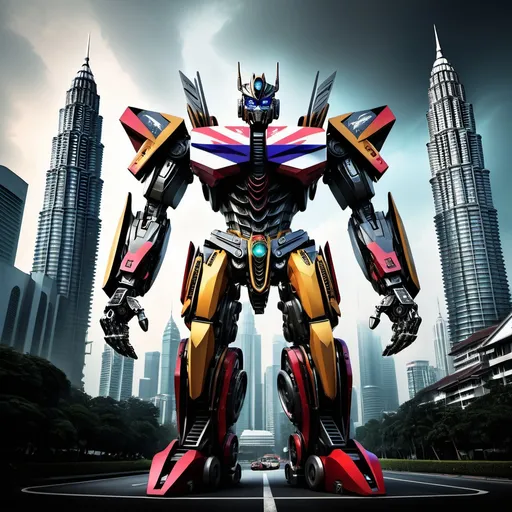 Prompt: transformer design  with Malaysia flag colour, futuristic design, vibrant colors, intricate mechanics, a blend of natural and urban elements, iconic landmarks like the Petronas Towers incorporated, dynamic composition, high contrast lighting, rich textures, cinematic atmosphere, ultra-detailed, showcasing Malaysian culture within a robot form.