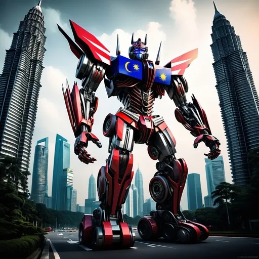 Prompt: transformer design  with malaysia flag, futuristic design, vibrant colors, intricate mechanics, a blend of natural and urban elements, iconic landmarks like the Petronas Towers incorporated, dynamic composition, high contrast lighting, rich textures, cinematic atmosphere, ultra-detailed, showcasing Malaysian culture within a robot form.