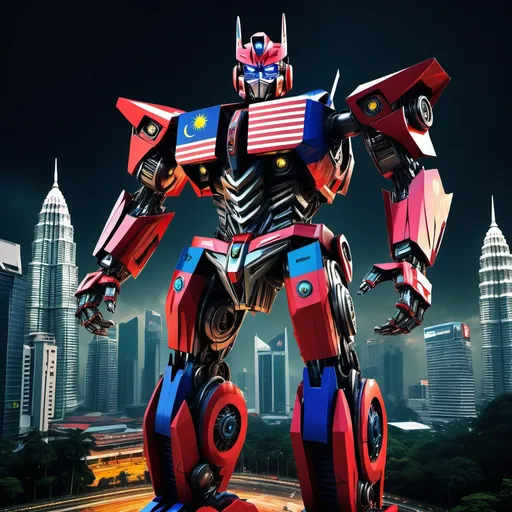 Prompt: transformer design  with Malaysia flag colour, futuristic design, vibrant colors, intricate mechanics, a blend of natural and urban elements, iconic landmarks like the Petronas Towers incorporated, dynamic composition, high contrast lighting, rich textures, cinematic atmosphere, ultra-detailed, showcasing Malaysian culture within a robot form.