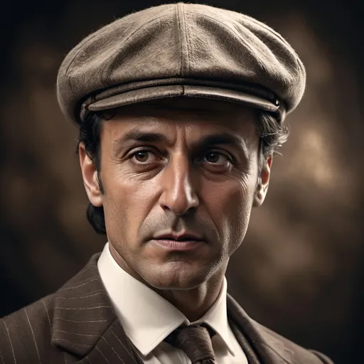 Prompt: (photorealistic portrait of Imran Khan dressed as a Peaky Blinder), vintage 1920s style, dark and moody, sepia tones, dramatic lighting, detailed facial features, serious and intense expression, sharp suit with a newsboy cap, smoky background, cinematic atmosphere, gritty setting, ultra-detailed, 4K, character-focused, high-quality photorealism, stylish elegance