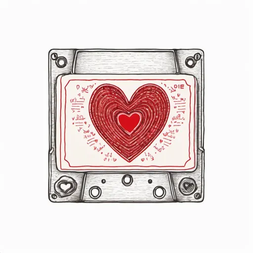 Prompt: Illustrated of an isolated vintage style, highly detailed music cassette tape, a hand drawn heart shape filled in with red color marker appears on the label of the tape. solid white background, simple color palette