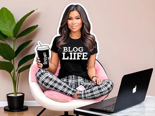 Prompt: die-cut sticker, pretty female blogger character,  with her laptop and coffee cup, sitting on a comfy chair blogging. Shes wearing a causal but trendy, form flattering black color lounge graphic tee that reads  "blog life" in white standard lettering, with black plaid lounge pants,  fuzzy pink trendy slippers, dark long hair up is up in a stylish casual messy bun, pale skin, green eyes, 8k. isolated on a gray background 