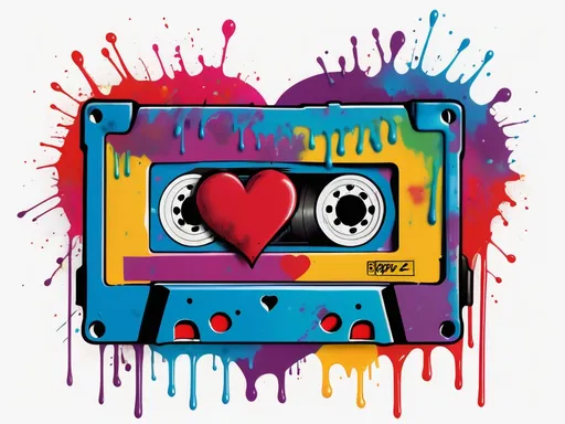 Prompt: Colorful graffiti illustration of a realistic music cassette tape, a hand drawn heart shape filled in with color markers appears on the label of the tape. solid white background, with some paint spatter behind cassette 