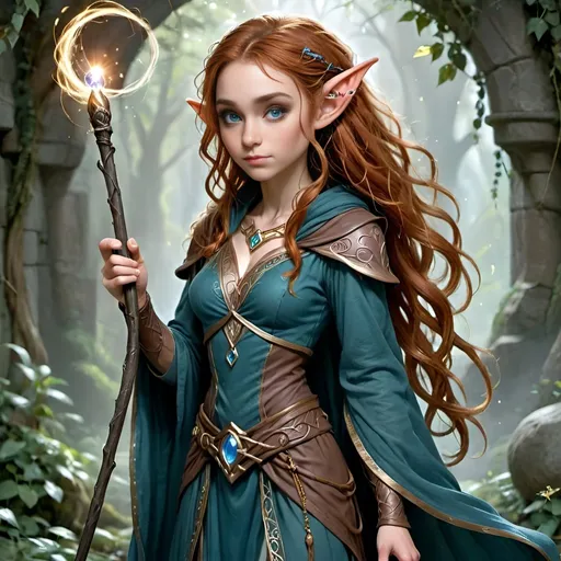 Prompt: **Character Description:**

**Half-Elf Sorceress**

- **Race:** Half-Elf
- **Build:** Tall, thin, and lithe
- **Face:** Round and kind with big, expressive blue eyes
- **Hair:** Brown, falling in soft ringlets around her face and down her back
- **Skin:** Pale with freckles, cheeks always flushed
- **Background:** Sheltered upbringing, resulting in a trusting nature and a strong desire to help others
- **Appearance:** Captivating beauty with an innocent and open demeanor
- **Clothing:** Elegant yet practical robes, perhaps in shades of blue and white, adorned with subtle magical symbols
- **Accessories:** Simple but meaningful jewelry, possibly a family heirloom or a gift from a mentor, and a staff or wand indicating her magical abilities
- **Pose:** Standing with an open and welcoming stance, holding her staff, ready to offer assistance or cast a spell to help. Behind her, golden and sparkling tendrils of her wild magic can be seen shimmering in the light. 
