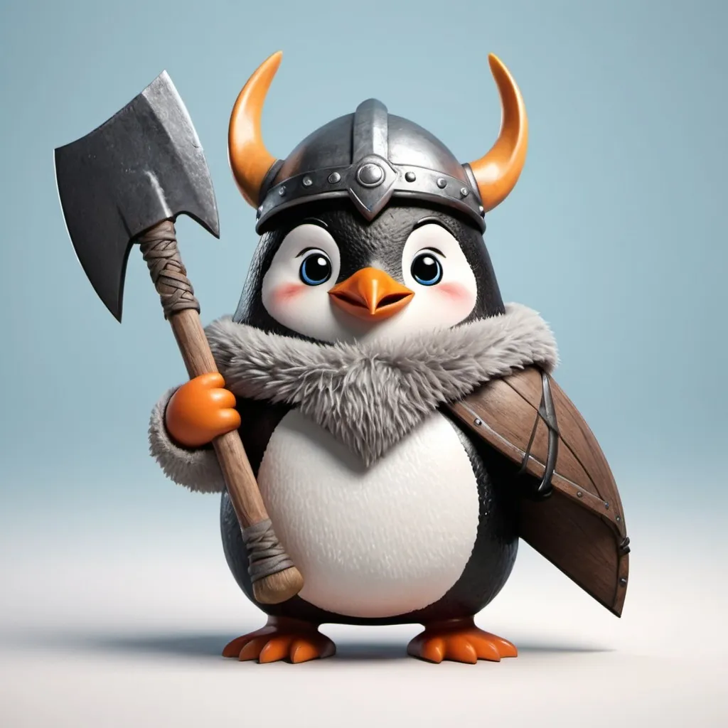 Prompt: A cute penguin viking holding an axe