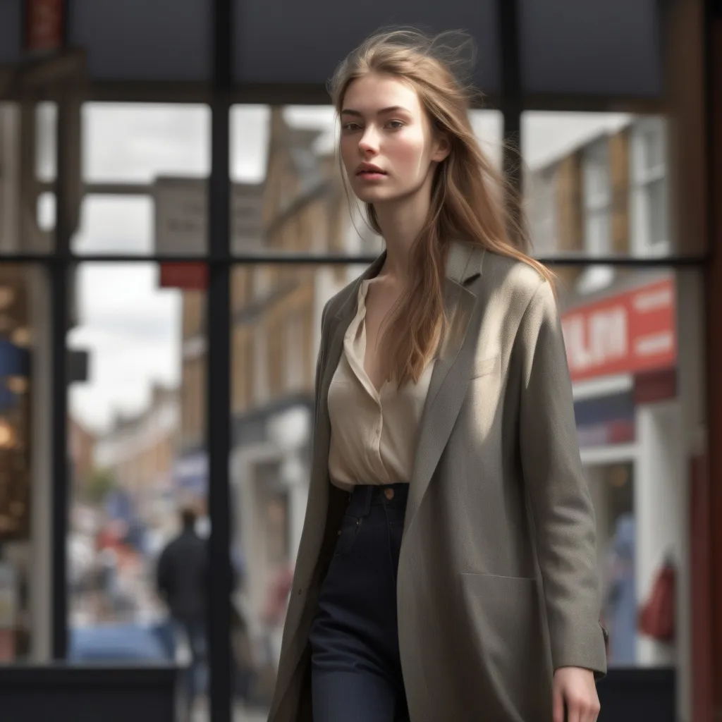 Prompt: Tall young woman walking down the high street, detailed clothing, realistic, natural lighting