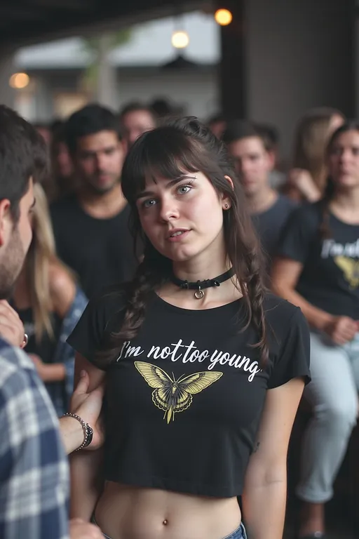 Prompt: @yJKNuVcOcw038NfzOKgM has bangs and braids. She wears a black leather choker with a metal ring.  She wears a black cropped t-shirt showing her belly button. On the t-shirt is the slogan "I'm not too young!" She is flirting with men in a crowded bar in Spain. The men hold her hand and lean in to kiss her.