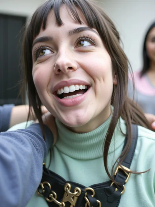 Prompt: a young girl smiles at two men who touch her hair