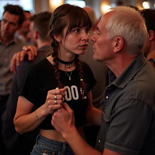 Prompt: a young woman is flirting with two old men in a crowded Spanish bar. one of the men is holding her hand, the other is kissing her. she has bangs and braided hair. she is wearing a black t-shirt cropped above her belly button, with a slogan that says "500€" and a small ripped denim shorts. she wears silver thumb rings and her nose is pierced with a ring. she wears a black choker with a metal ring. her lower lip is pierced. she has a belly ring and belly chain