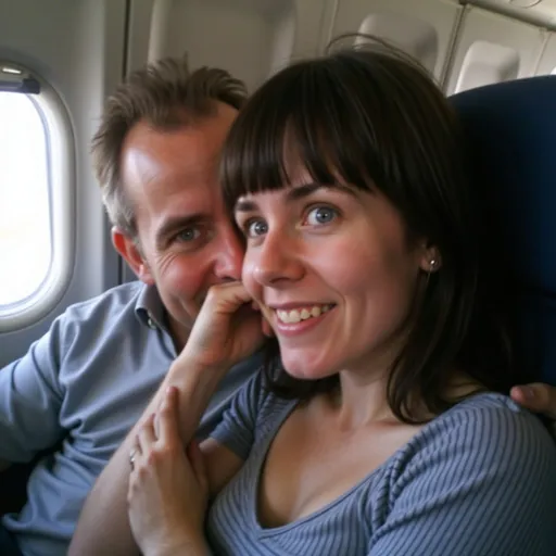 Prompt: @W63jcIyTyoldibFqXBYu is sitting next to an old man on an airplane. He is caressing her gently between her legs and whispering in her ear. She is smiling and blushing 